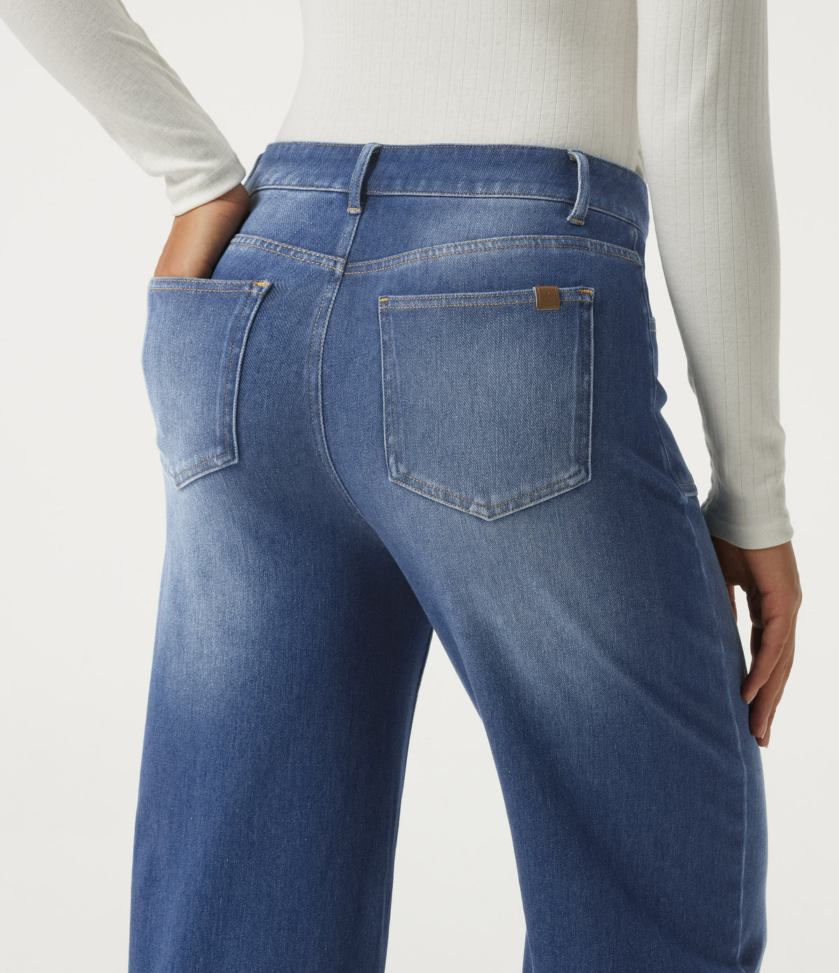 High Waisted Barrel Leg Casual Cotton Jeans with Pockets — Estate Blue Denim — view 5
