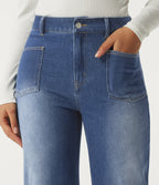 High Waisted Barrel Leg Casual Cotton Jeans with Pockets — Estate Blue Denim — view 4
