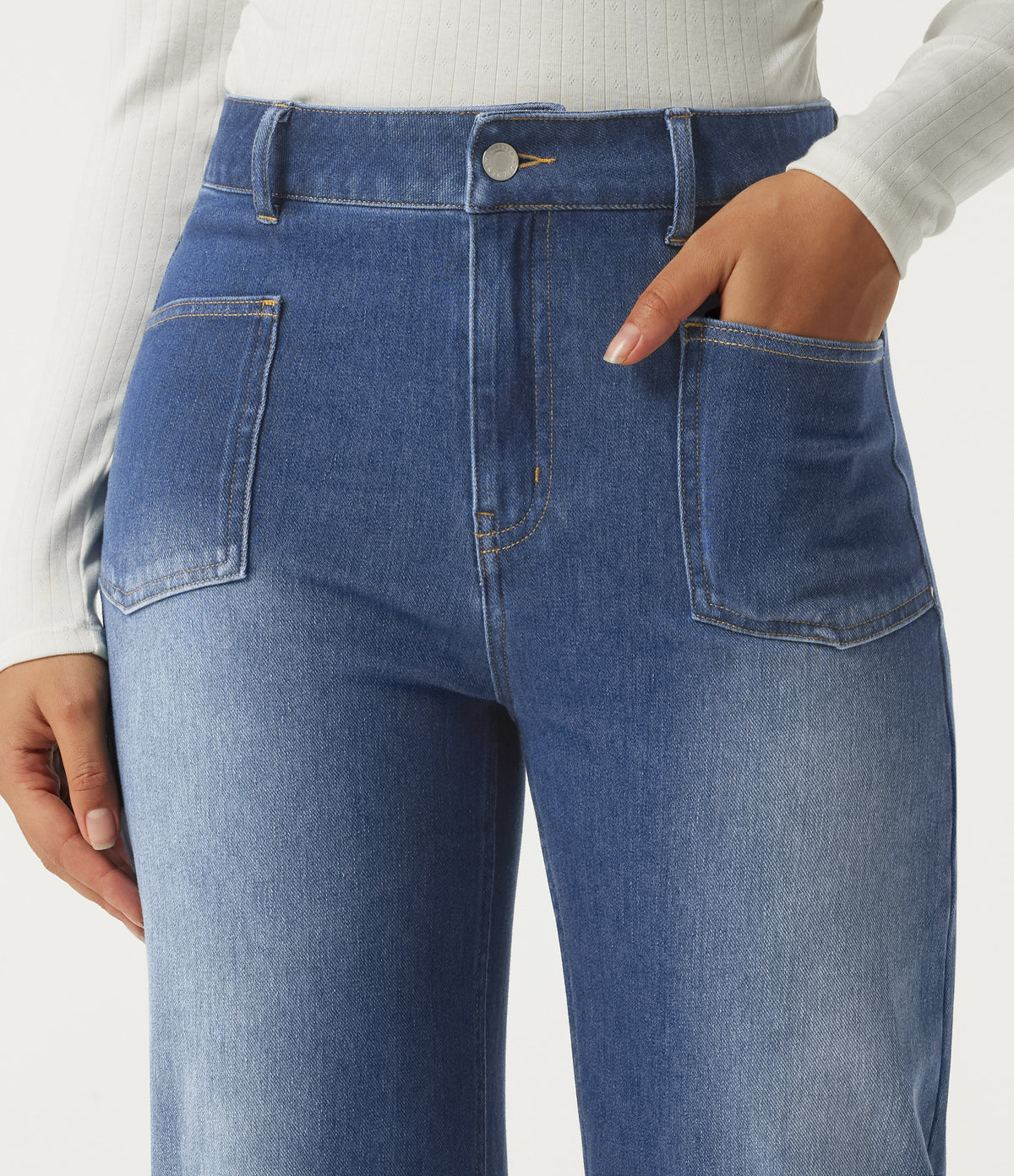 High Waisted Barrel Leg Casual Cotton Jeans with Pockets — Estate Blue Denim — view 4