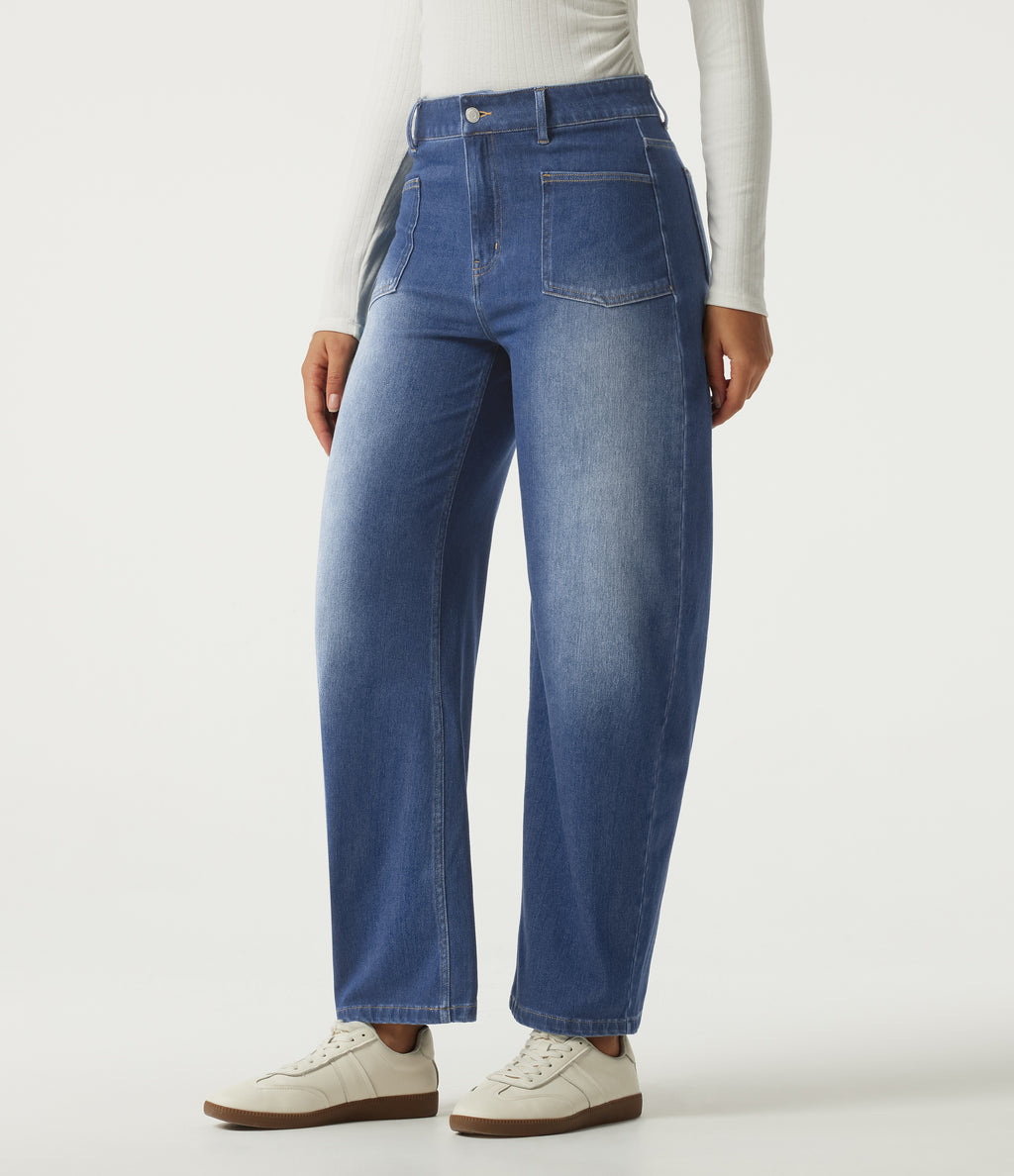 High Waisted Barrel Leg Casual Cotton Jeans with Pockets — Estate Blue Denim — view 3