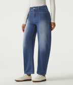 High Waisted Barrel Leg Casual Cotton Jeans with Pockets — Estate Blue Denim — view 3
