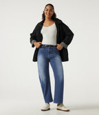 High Waisted Barrel Leg Casual Cotton Jeans with Pockets — Estate Blue Denim — view 7