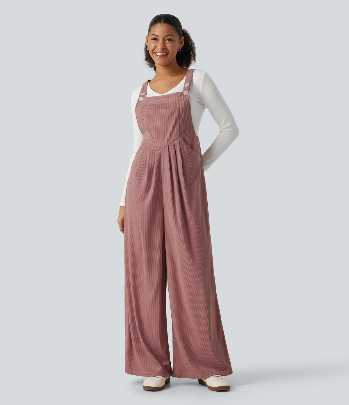 Sleeveless Pleated Corduroy Casual Dungarees with Pockets — Desert Sand — view 3