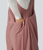 Sleeveless Pleated Corduroy Casual Dungarees with Pockets — Desert Sand — view 5