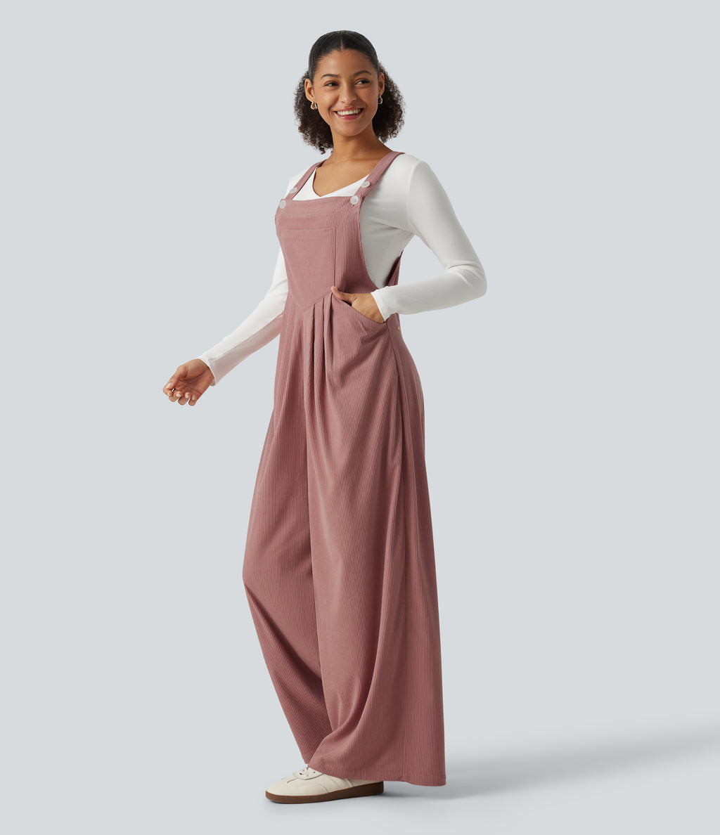Sleeveless Pleated Corduroy Casual Dungarees with Pockets — Desert Sand — view 1