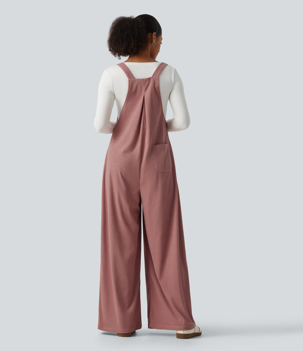 Sleeveless Pleated Corduroy Casual Dungarees with Pockets — Desert Sand — view 2