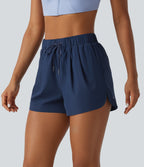 High Waisted Drawstring Workout Shorts 3" with Pockets — Deep Sapphire — view 3