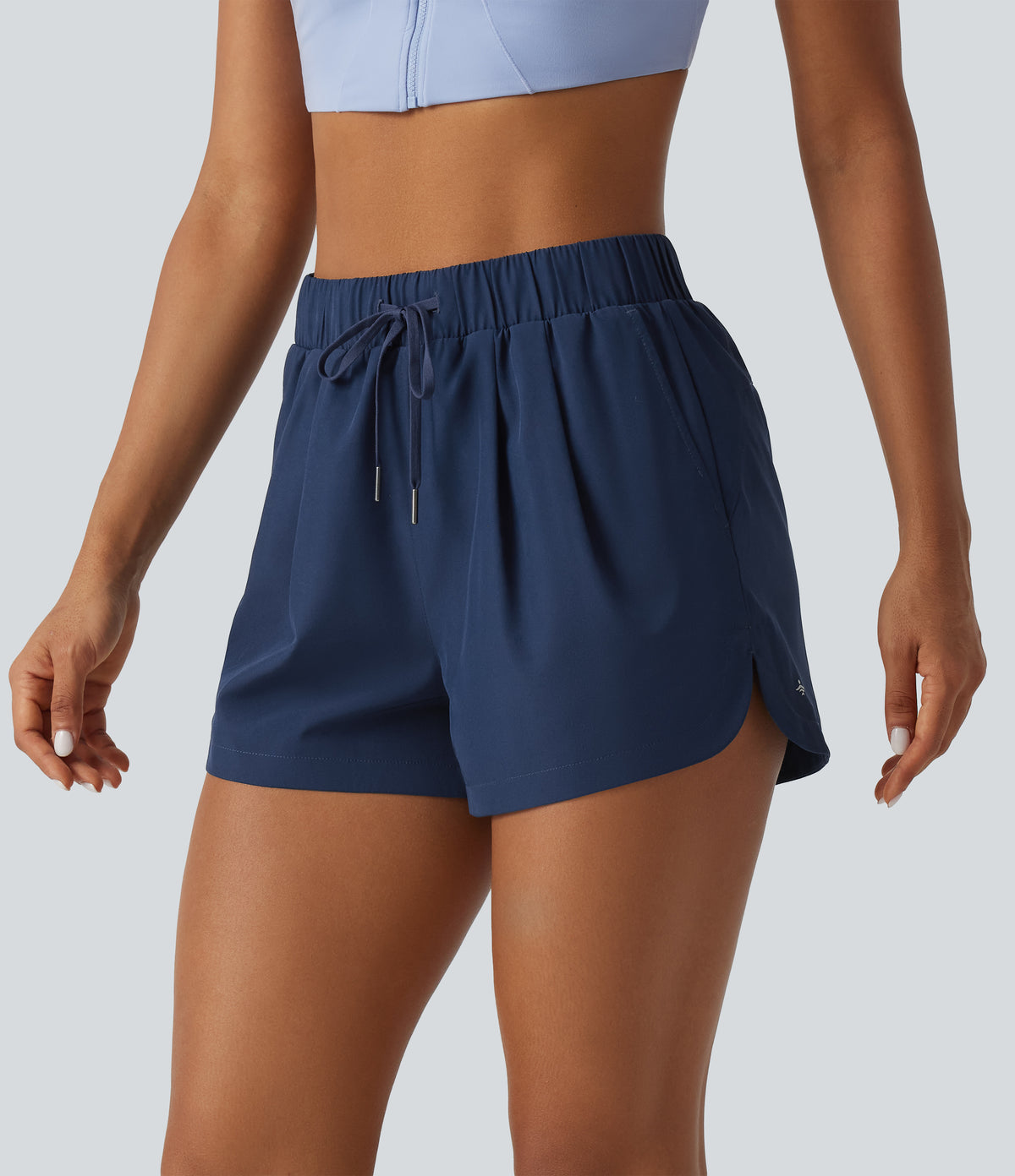 High Waisted Drawstring Workout Shorts 3" with Pockets — Deep Sapphire — view 3
