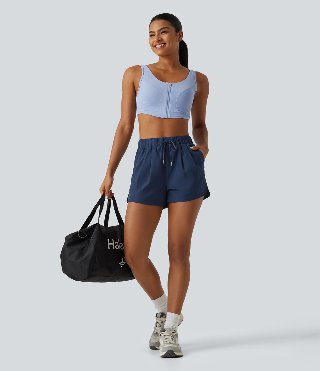 High Waisted Drawstring Workout Shorts 3" with Pockets — Deep Sapphire — view 6