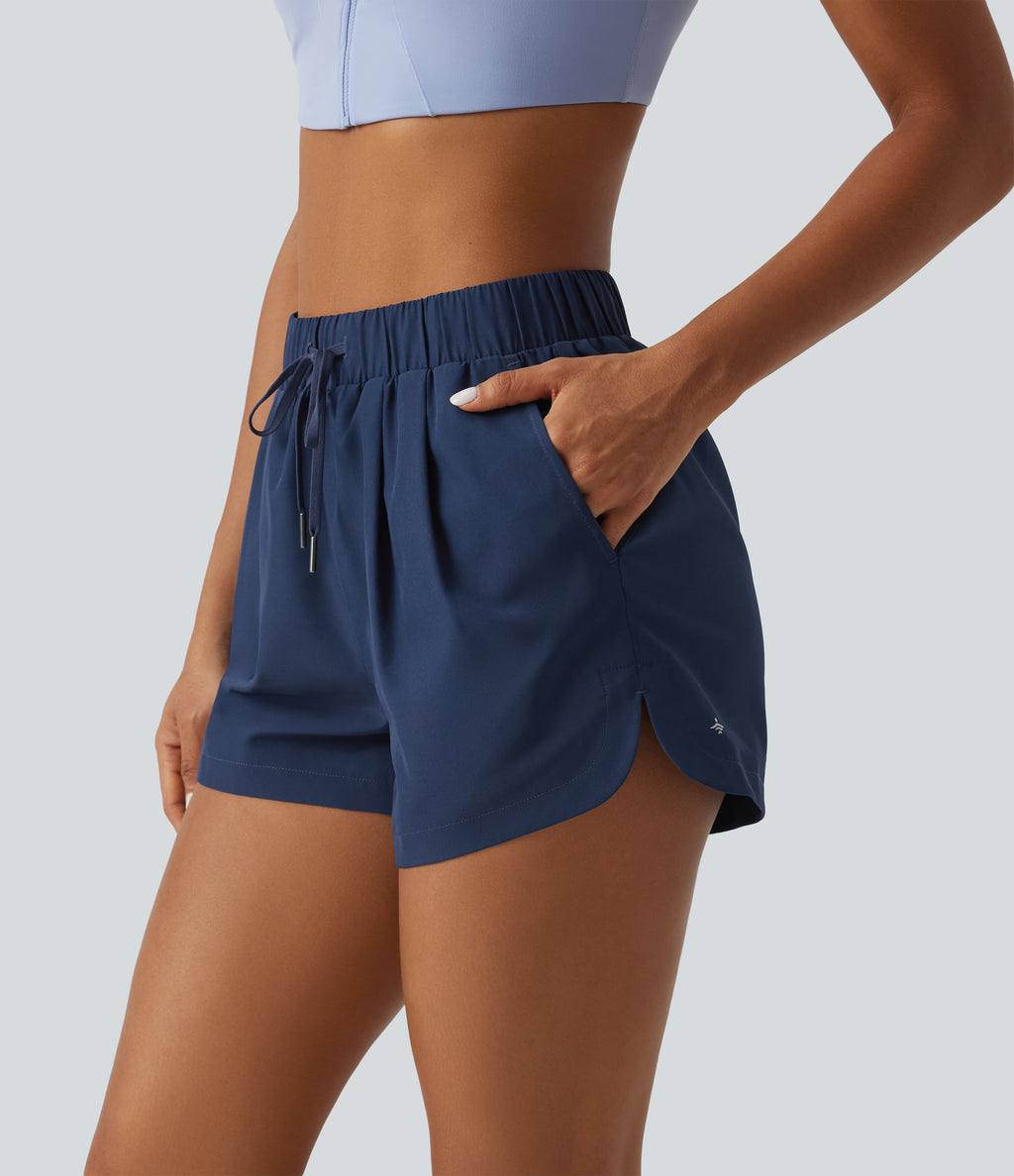 High Waisted Drawstring Workout Shorts 3" with Pockets — Deep Sapphire — view 4