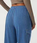 Mid Rise Drawstring Denim Casual Cotton Joggers with Pockets — Gulf Stream Blue Denim — view 5