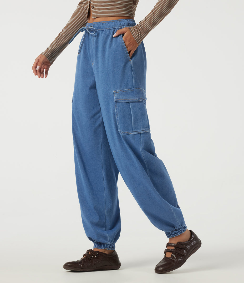 Mid Rise Drawstring Denim Casual Cotton Joggers with Pockets — Gulf Stream Blue Denim — view 3