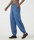 Mid Rise Drawstring Denim Casual Cotton Joggers with Pockets — Gulf Stream Blue Denim — view 3