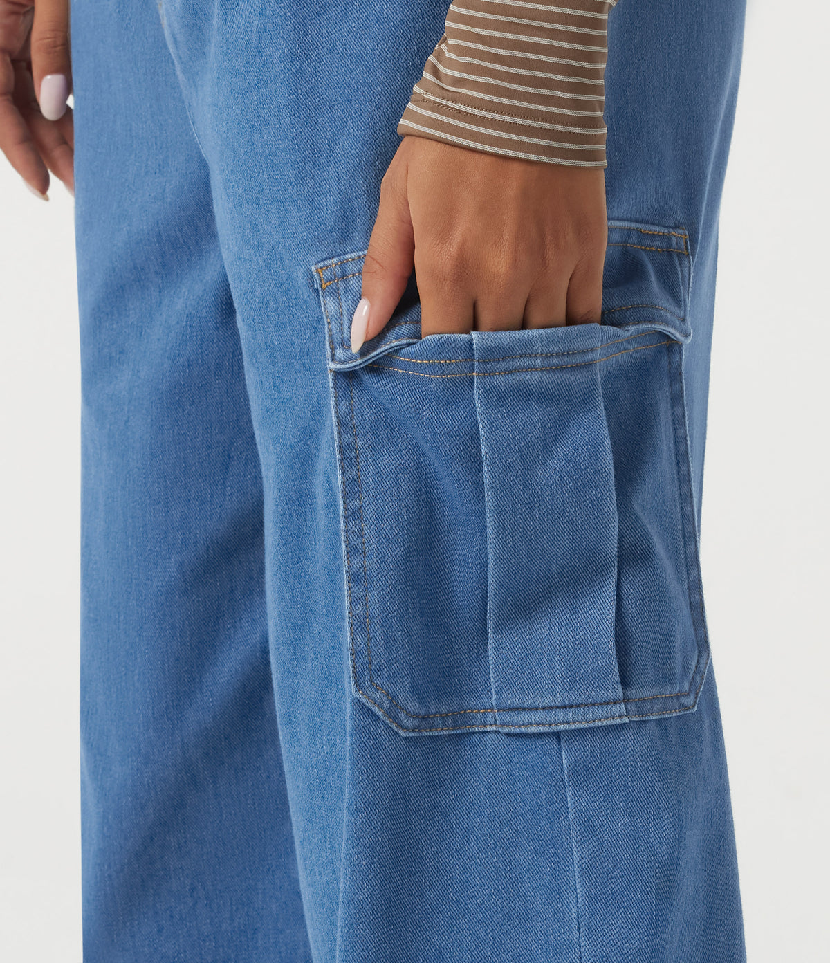 Mid Rise Drawstring Denim Casual Cotton Joggers with Pockets — Gulf Stream Blue Denim — view 6