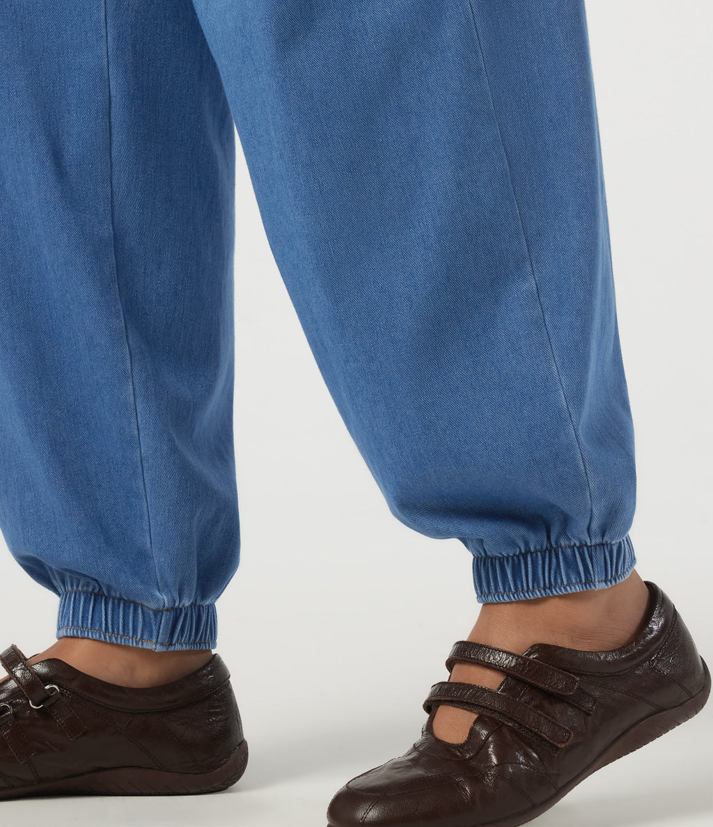 Mid Rise Drawstring Denim Casual Cotton Joggers with Pockets — Gulf Stream Blue Denim — view 7