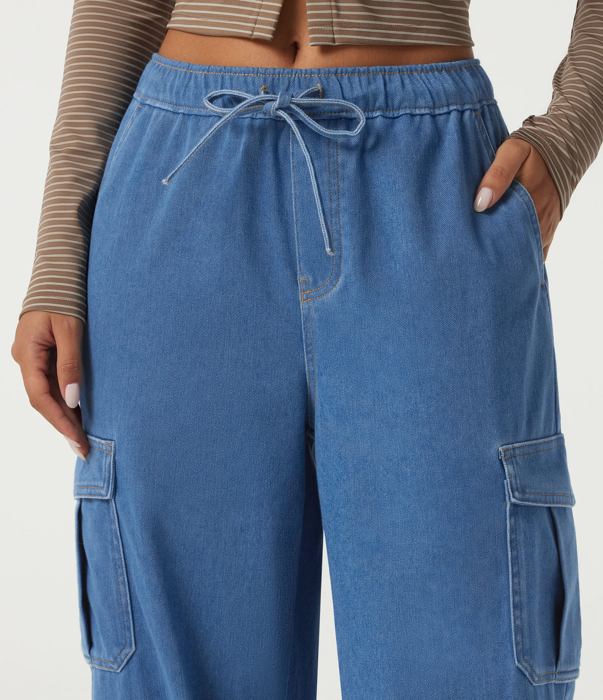 Mid Rise Drawstring Denim Casual Cotton Joggers with Pockets — Gulf Stream Blue Denim — view 4