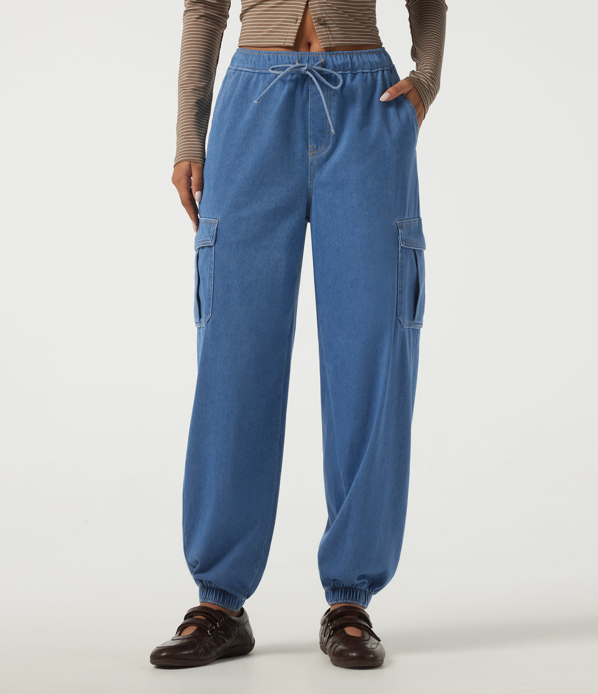 Mid Rise Drawstring Denim Casual Cotton Joggers with Pockets — Gulf Stream Blue Denim — view 1