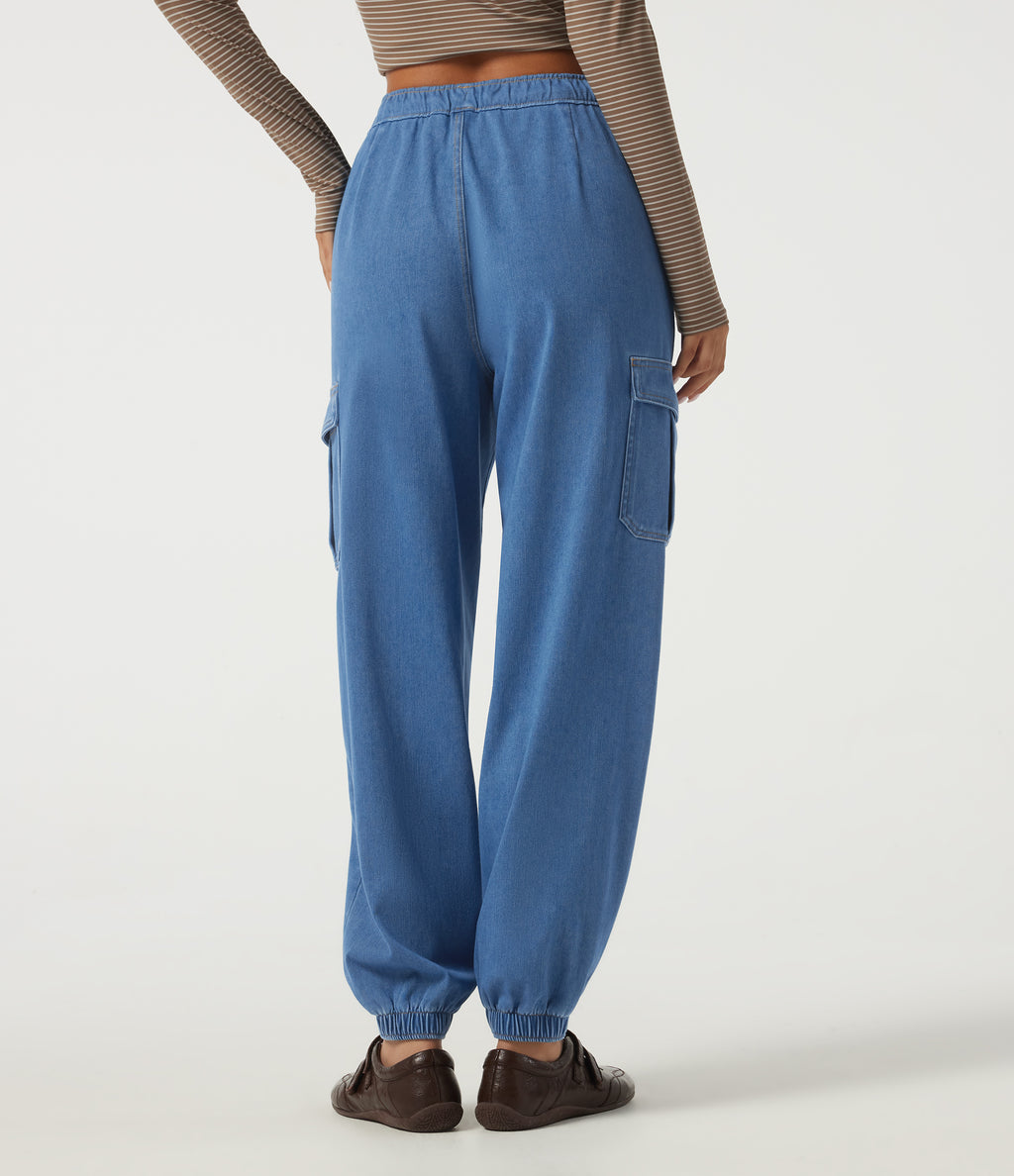 Mid Rise Drawstring Denim Casual Cotton Joggers with Pockets — Gulf Stream Blue Denim — view 2