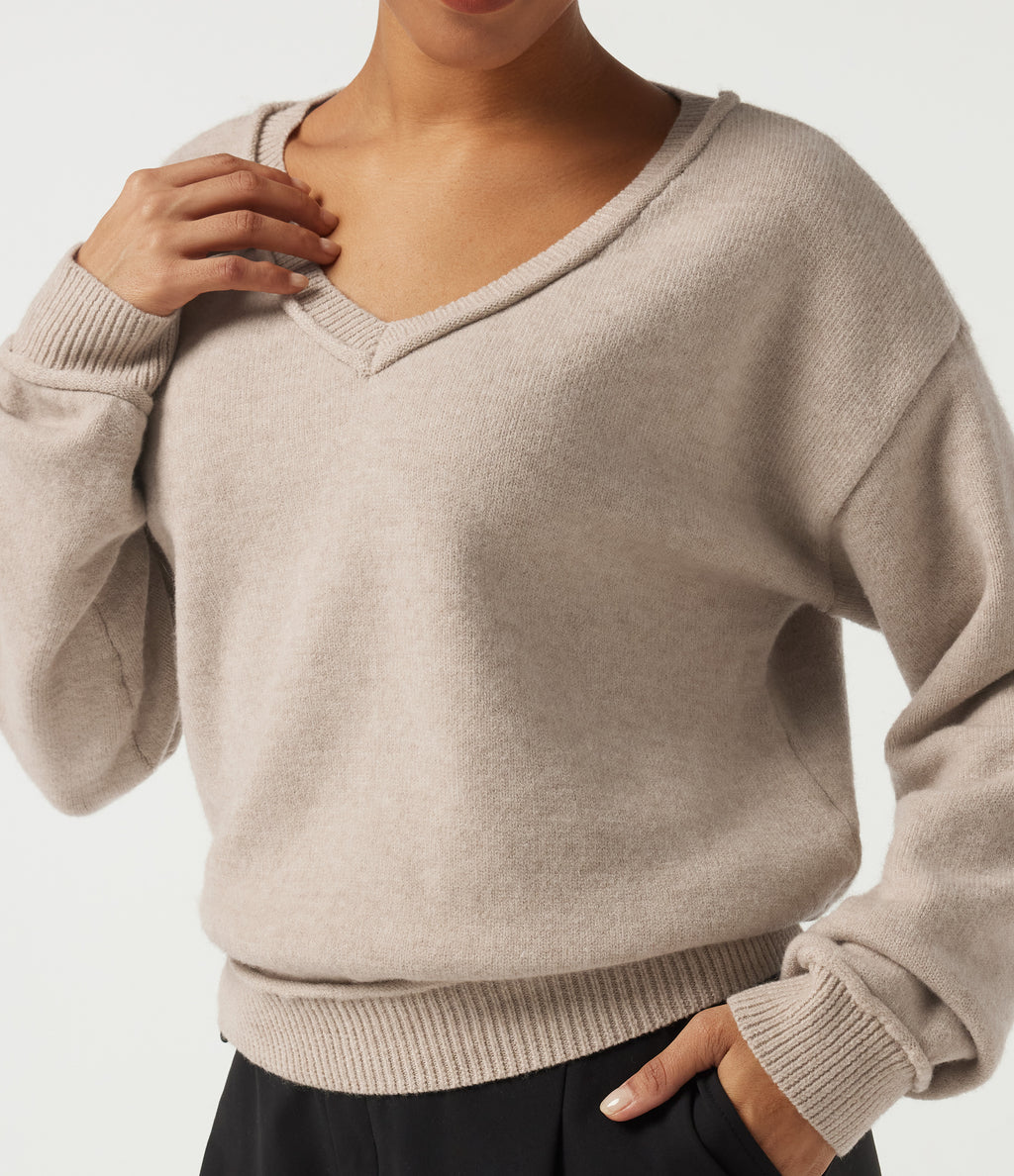 V Neck Long Sleeve Casual Jumper — Oatmeal Khaki — view 5