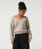 V Neck Long Sleeve Casual Jumper — Oatmeal Khaki — view 4