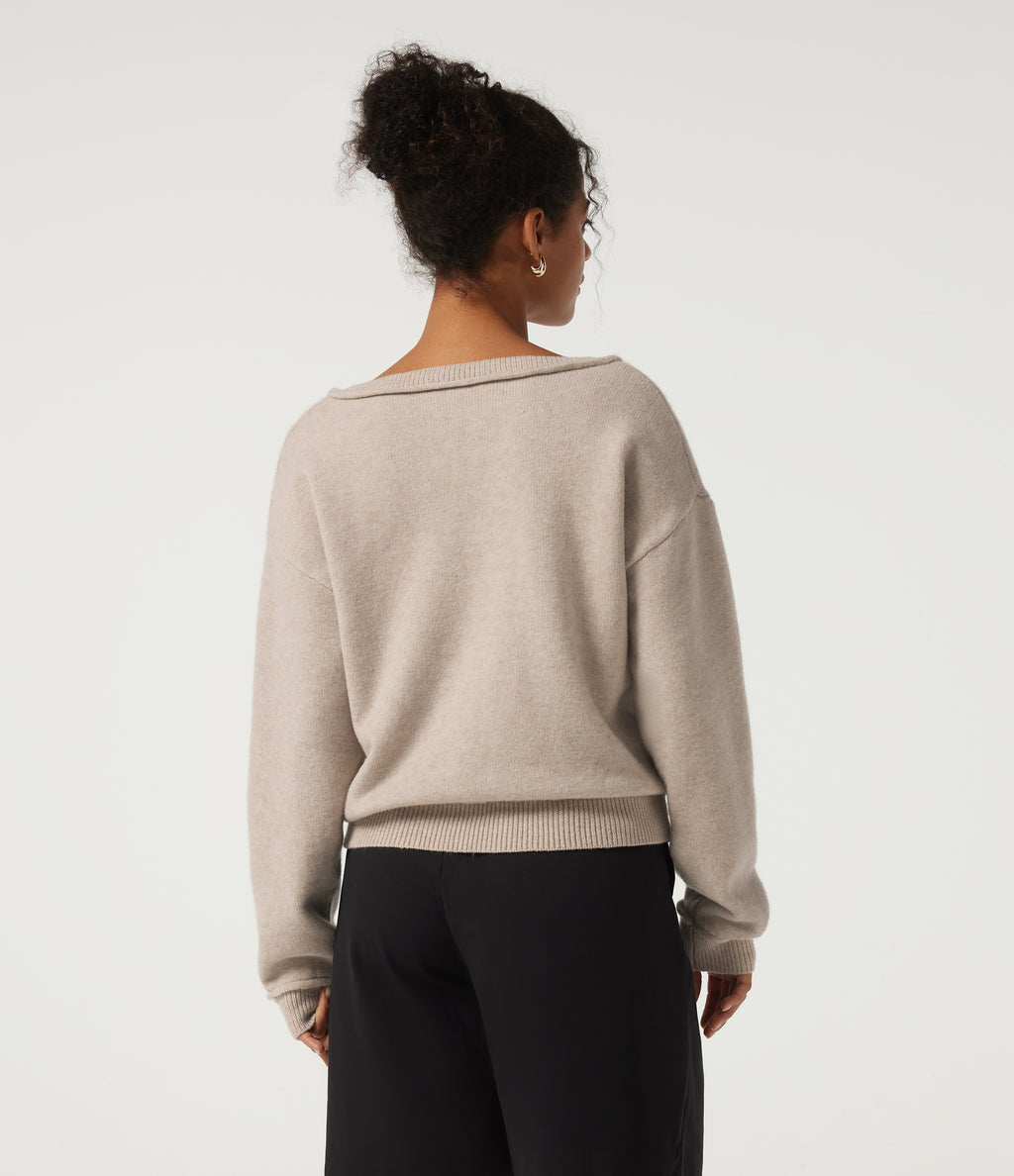 V Neck Long Sleeve Casual Jumper — Oatmeal Khaki — view 2
