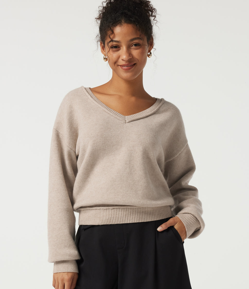V Neck Long Sleeve Casual Jumper — Oatmeal Khaki — view 1