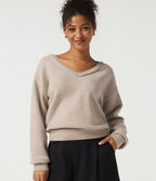 V Neck Long Sleeve Casual Jumper — Oatmeal Khaki — view 1