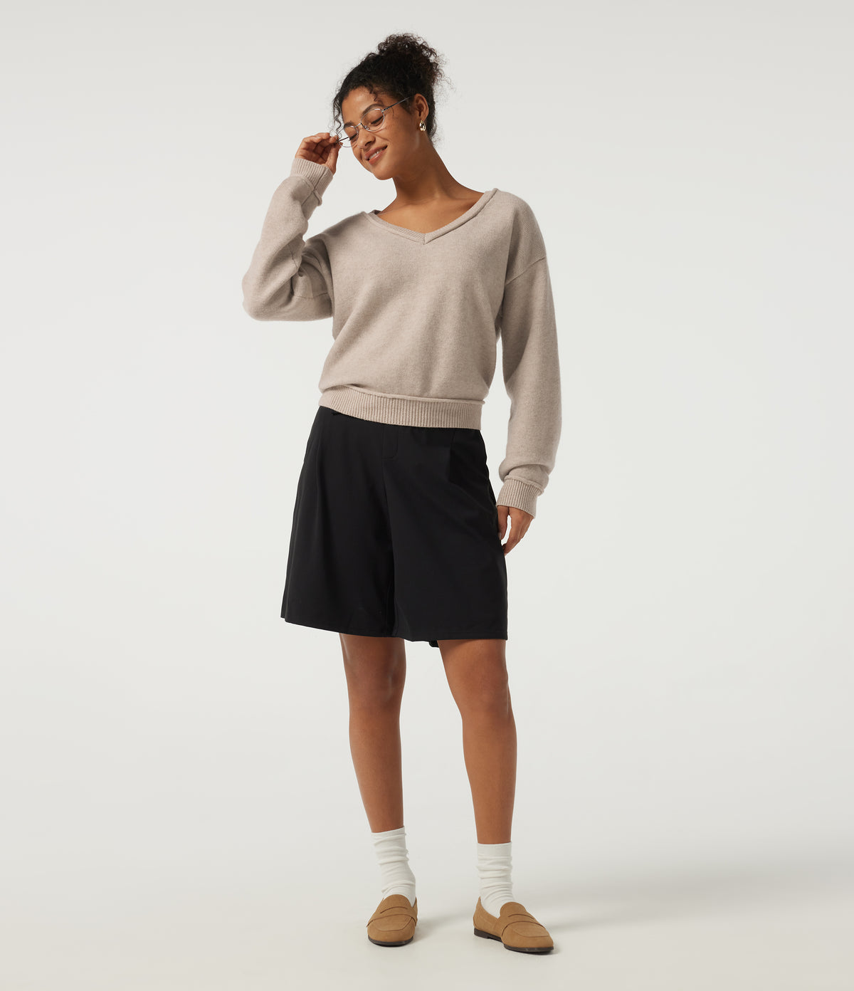 V Neck Long Sleeve Casual Jumper — Oatmeal Khaki — view 7