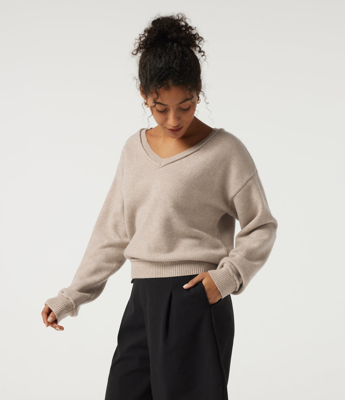 V Neck Long Sleeve Casual Jumper — Oatmeal Khaki — view 3