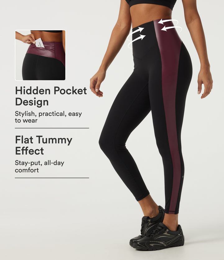 High Waisted Tummy Control Color Block Stretchy PU Yoga Leggings with Pocket — Berrywood Red — view 1
