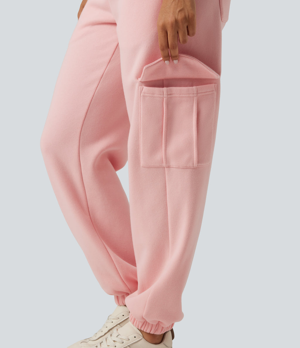 Mid Rise Fleece Casual Cotton Joggers with Pockets — Peach Pomelo Pink — view 6