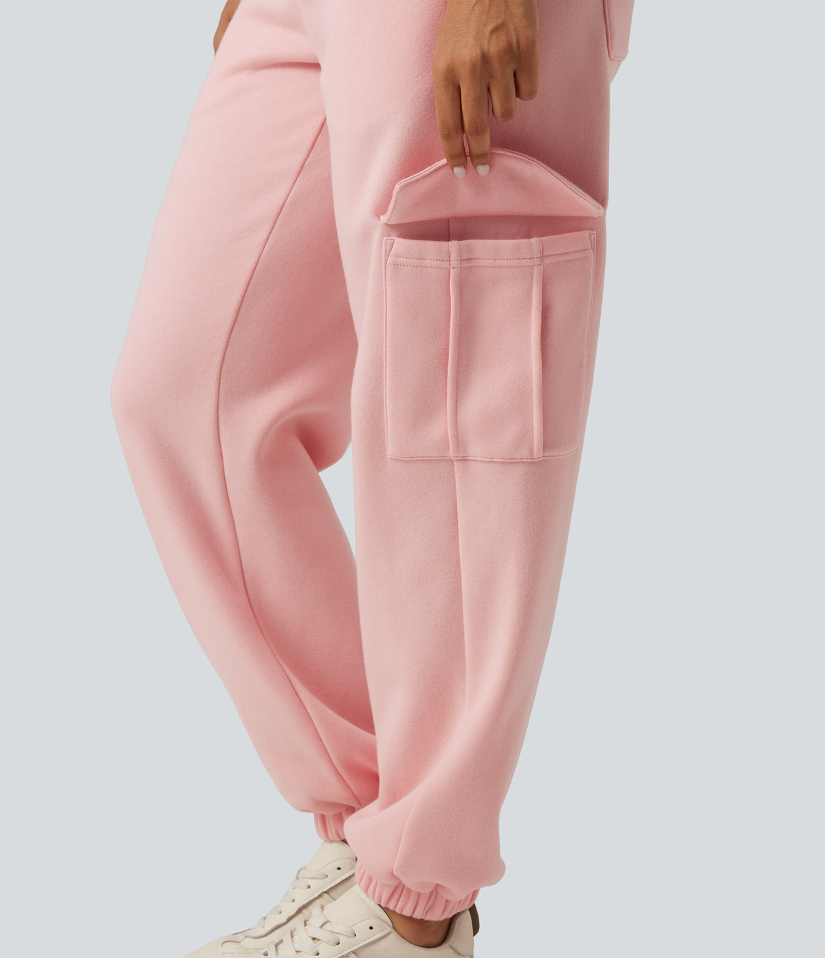Mid Rise Fleece Casual Cotton Joggers with Pockets — Peach Pomelo Pink — view 6