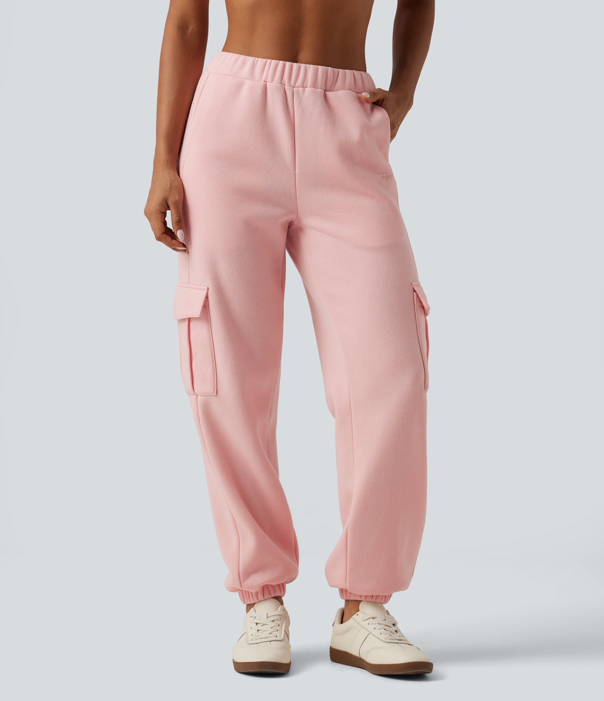 Mid Rise Fleece Casual Cotton Joggers with Pockets — Peach Pomelo Pink — view 3