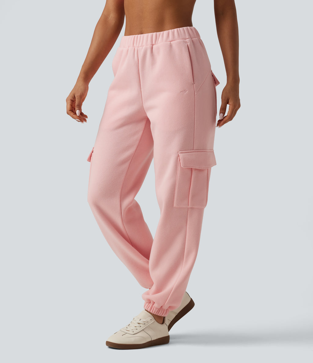 Mid Rise Fleece Casual Cotton Joggers with Pockets — Peach Pomelo Pink — view 1