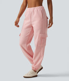 Mid Rise Fleece Casual Cotton Joggers with Pockets — Peach Pomelo Pink — view 1