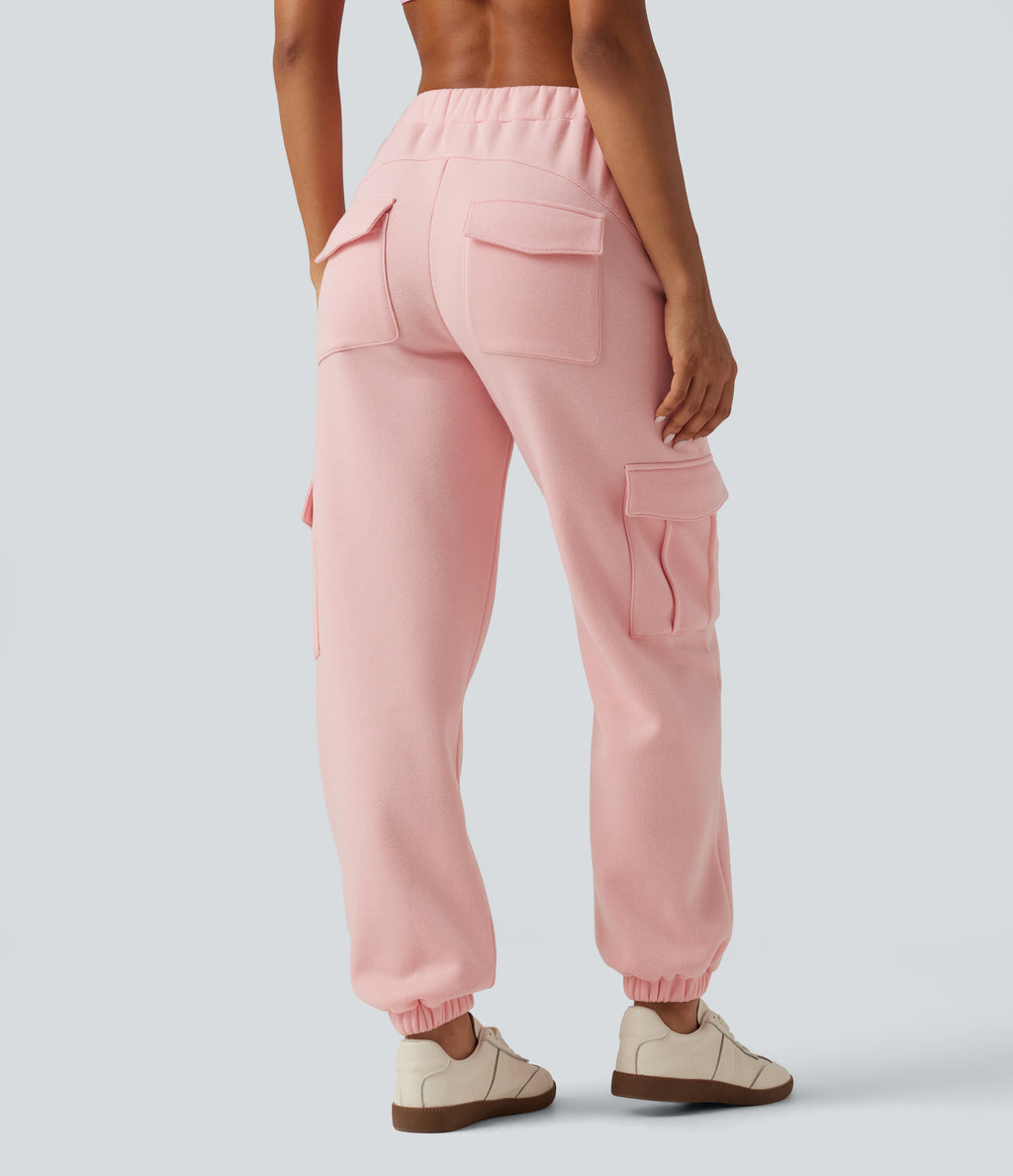 Mid Rise Fleece Casual Cotton Joggers with Pockets — Peach Pomelo Pink — view 2