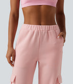 Mid Rise Fleece Casual Cotton Joggers with Pockets — Peach Pomelo Pink — view 4