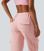 Mid Rise Fleece Casual Cotton Joggers with Pockets — Peach Pomelo Pink — view 5