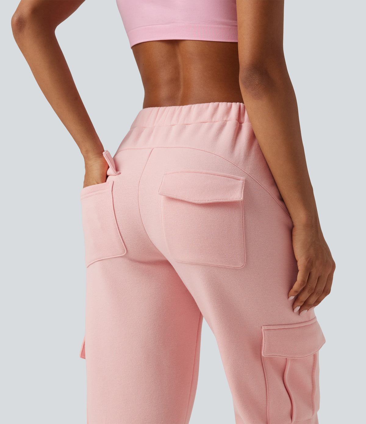 Mid Rise Fleece Casual Cotton Joggers with Pockets — Peach Pomelo Pink — view 5