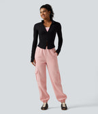 Mid Rise Fleece Casual Cotton Joggers with Pockets — Peach Pomelo Pink — view 8