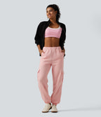 Mid Rise Fleece Casual Cotton Joggers with Pockets — Peach Pomelo Pink — view 7