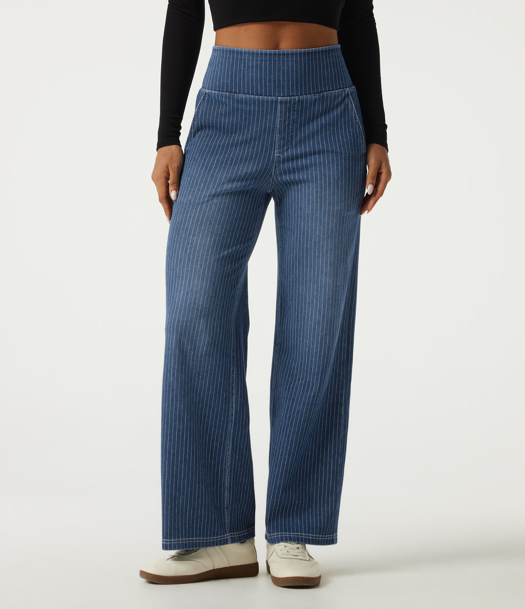 High Waisted Stripe Straight Leg Casual Jeans with Pockets — Estate Blue Denim — view 1
