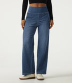 High Waisted Stripe Straight Leg Casual Jeans with Pockets — Estate Blue Denim — view 1