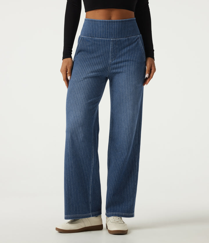 High Waisted Stripe Straight Leg Casual Jeans with Pockets — Estate Blue Denim — view 1