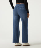 High Waisted Stripe Straight Leg Casual Jeans with Pockets — Estate Blue Denim — view 2