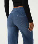 High Waisted Stripe Straight Leg Casual Jeans with Pockets — Estate Blue Denim — view 5