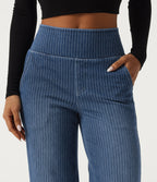 High Waisted Stripe Straight Leg Casual Jeans with Pockets — Estate Blue Denim — view 4