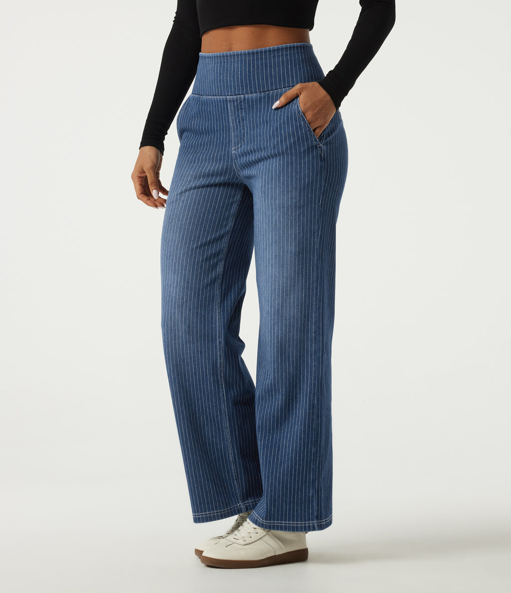 High Waisted Stripe Straight Leg Casual Jeans with Pockets — Estate Blue Denim — view 3