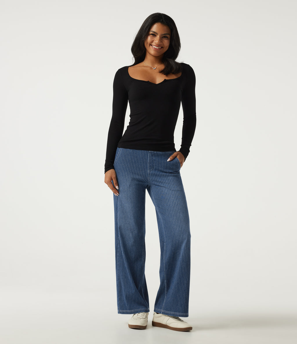 High Waisted Stripe Straight Leg Casual Jeans with Pockets — Estate Blue Denim — view 6