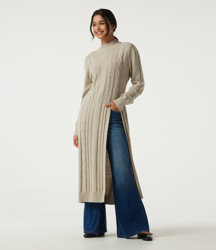 Mock Neck Long Sleeve Cable Stitch Casual Midi Sweater Dress — Oyster Gray — view 1